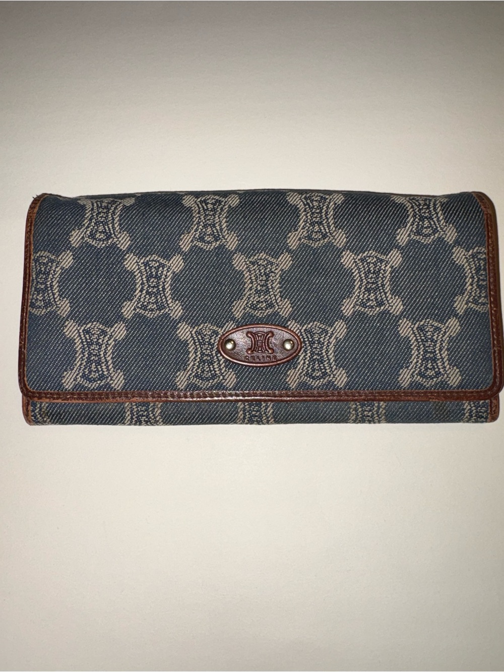 Vintage Céline Blue Denim Jacquard Long Flap Wallet Brown Leather Trim